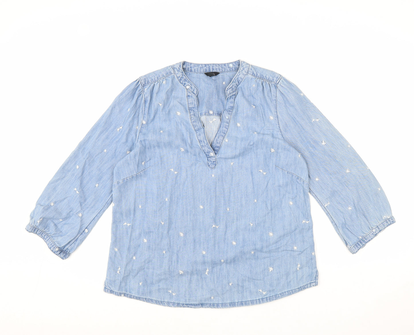 M&Co Womens Blue Floral 100% Cotton Basic Blouse Size 12 V-Neck
