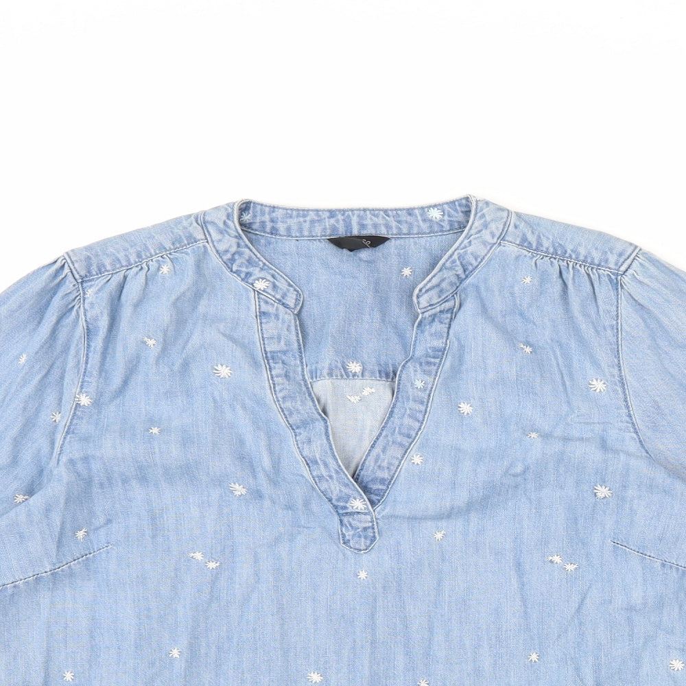 M&Co Womens Blue Floral 100% Cotton Basic Blouse Size 12 V-Neck