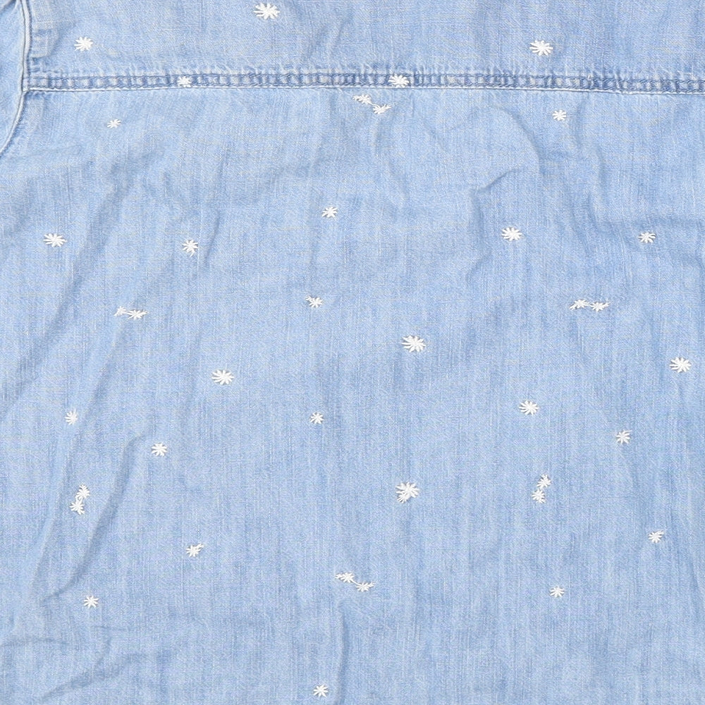 M&Co Womens Blue Floral 100% Cotton Basic Blouse Size 12 V-Neck