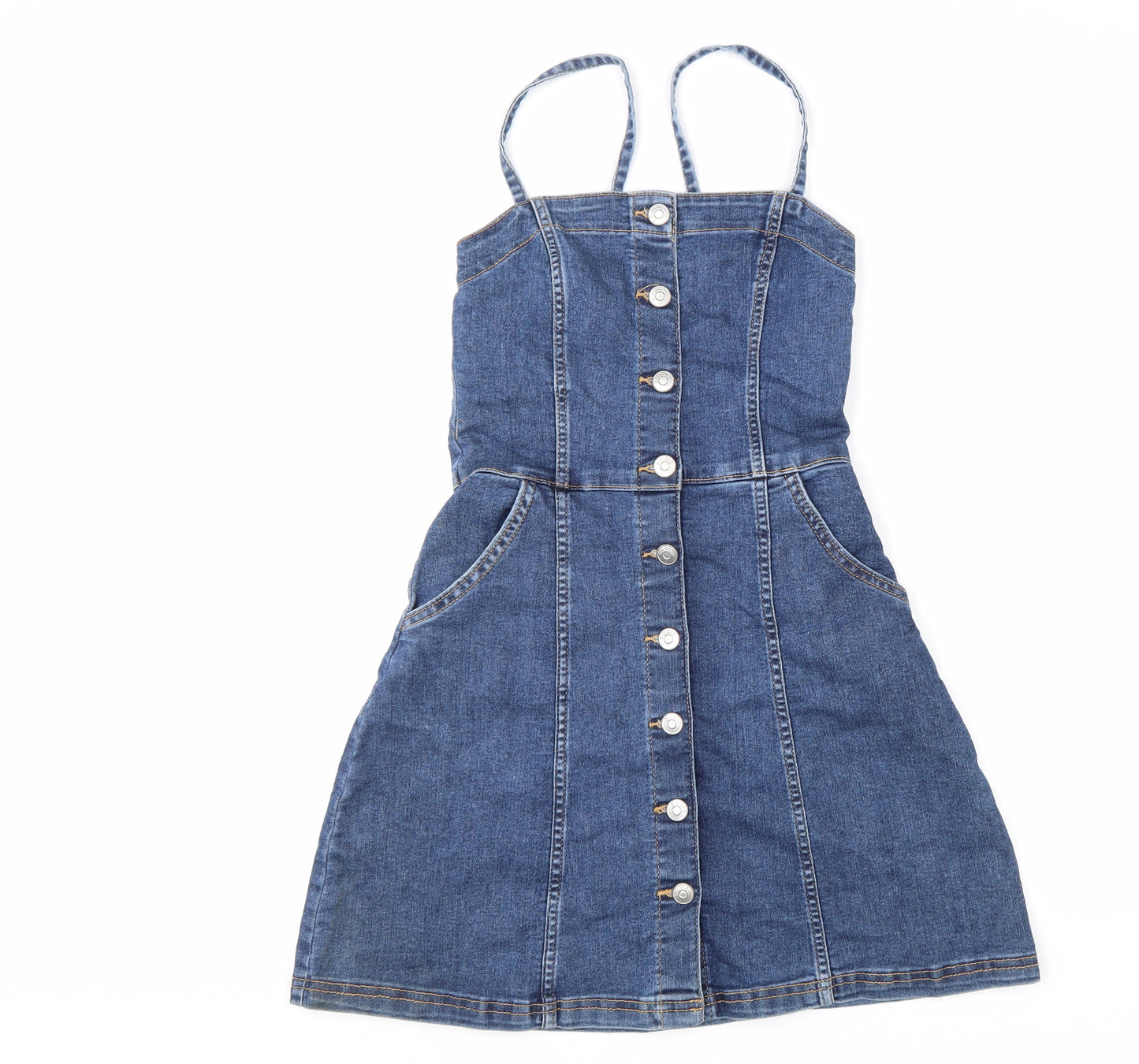 Divided Womens Blue Cotton Skater Dress Size 6 Square Neck Button