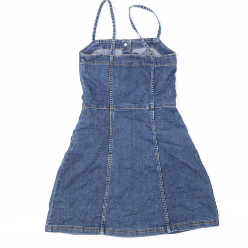 Divided Womens Blue Cotton Skater Dress Size 6 Square Neck Button