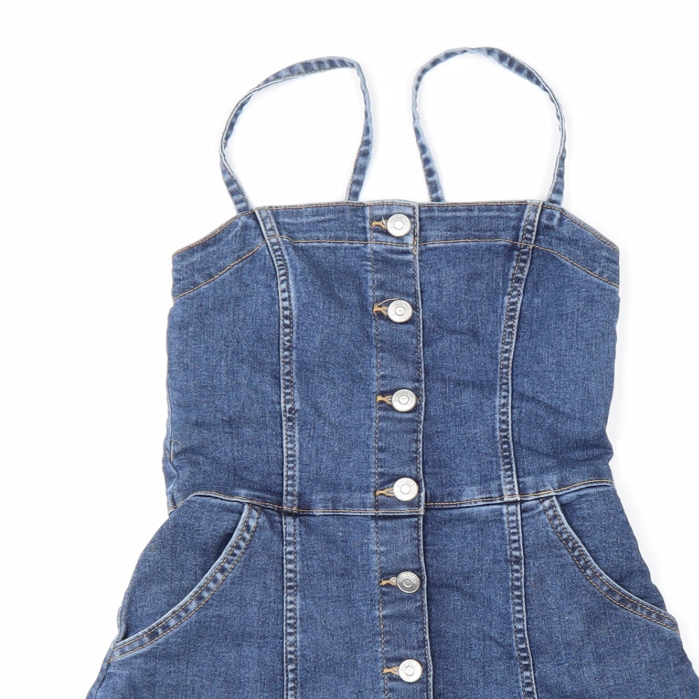 Divided Womens Blue Cotton Skater Dress Size 6 Square Neck Button