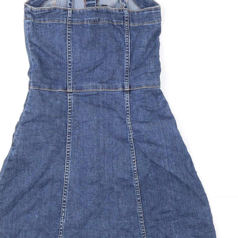 Divided Womens Blue Cotton Skater Dress Size 6 Square Neck Button