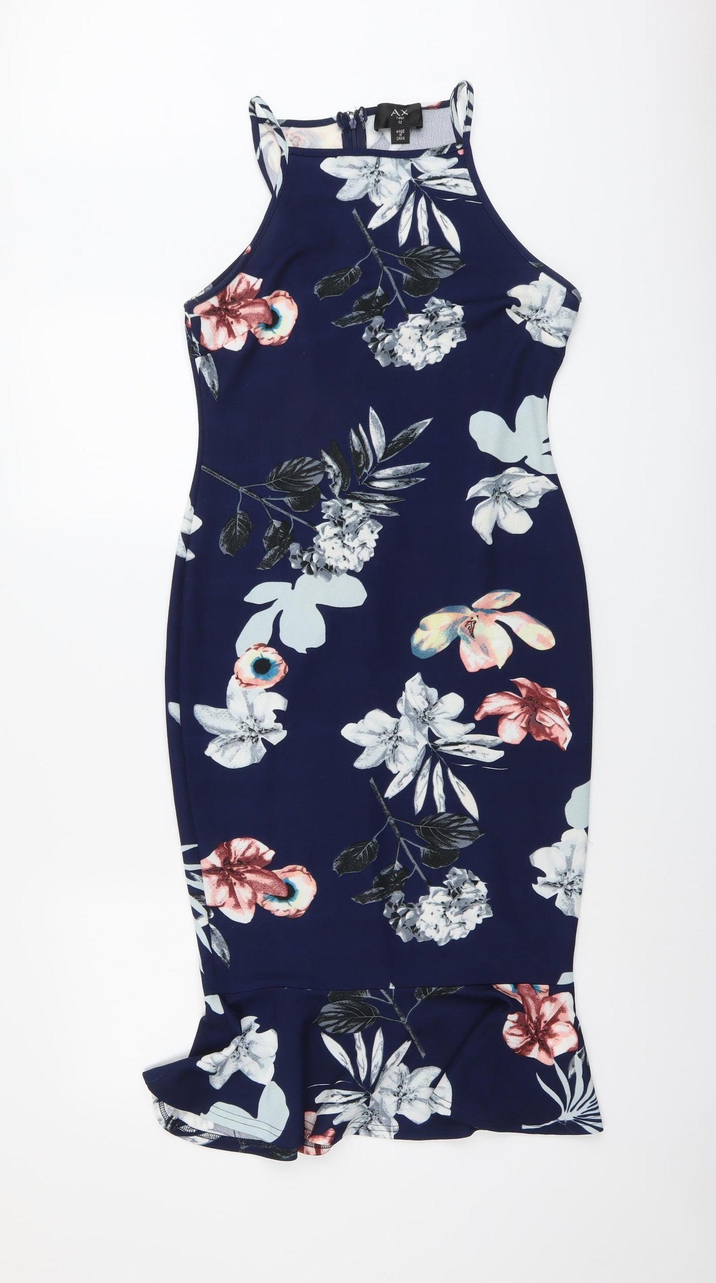 AX Paris Womens Blue Floral Polyester Mermaid Size 12 Square Neck Zip