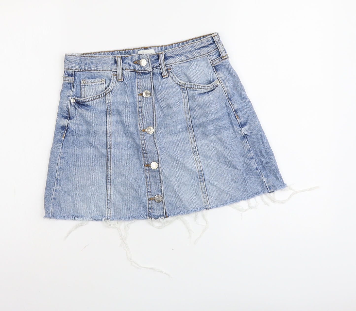 River Island Womens Blue Cotton Mini Skirt Size 8 Button