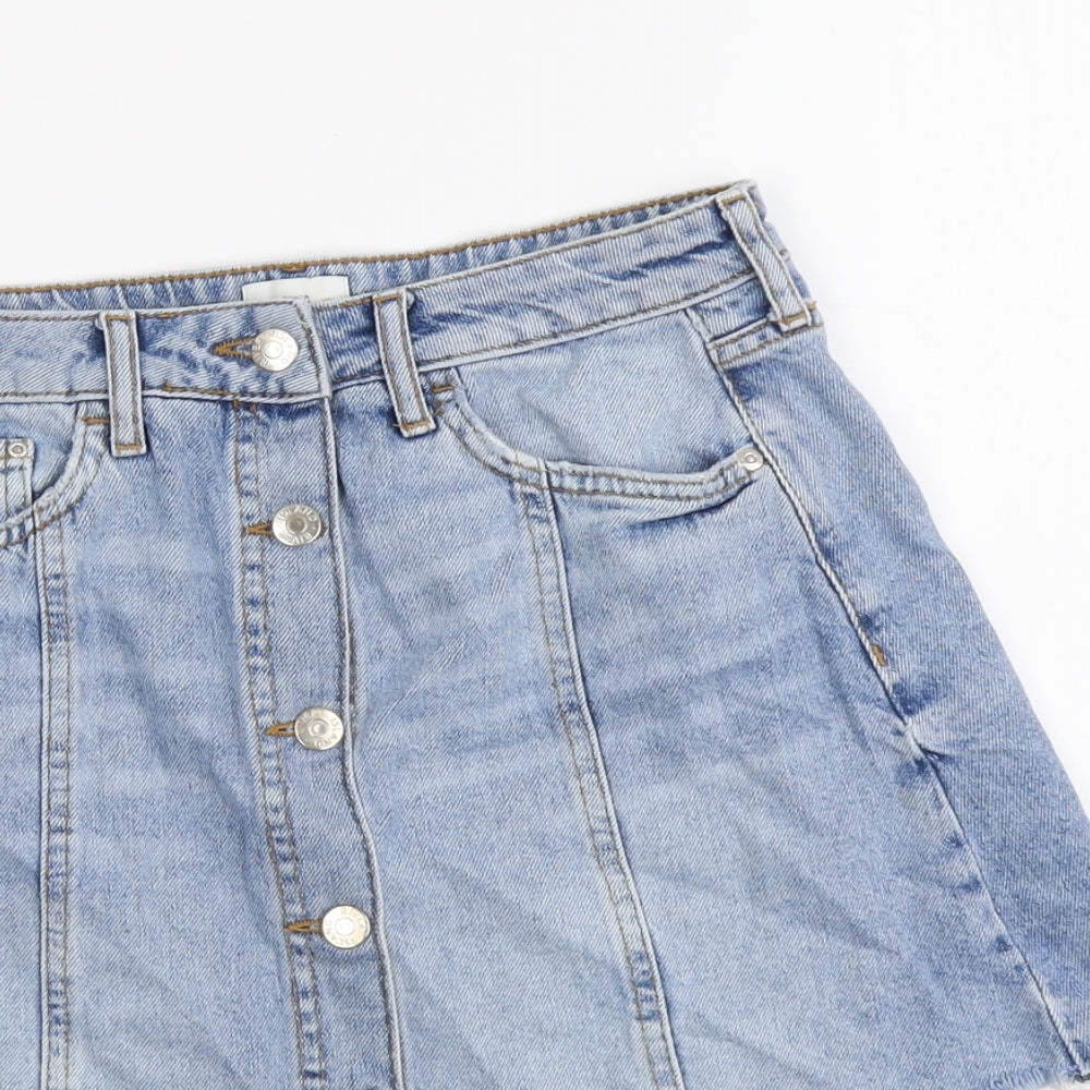 River Island Womens Blue Cotton Mini Skirt Size 8 Button