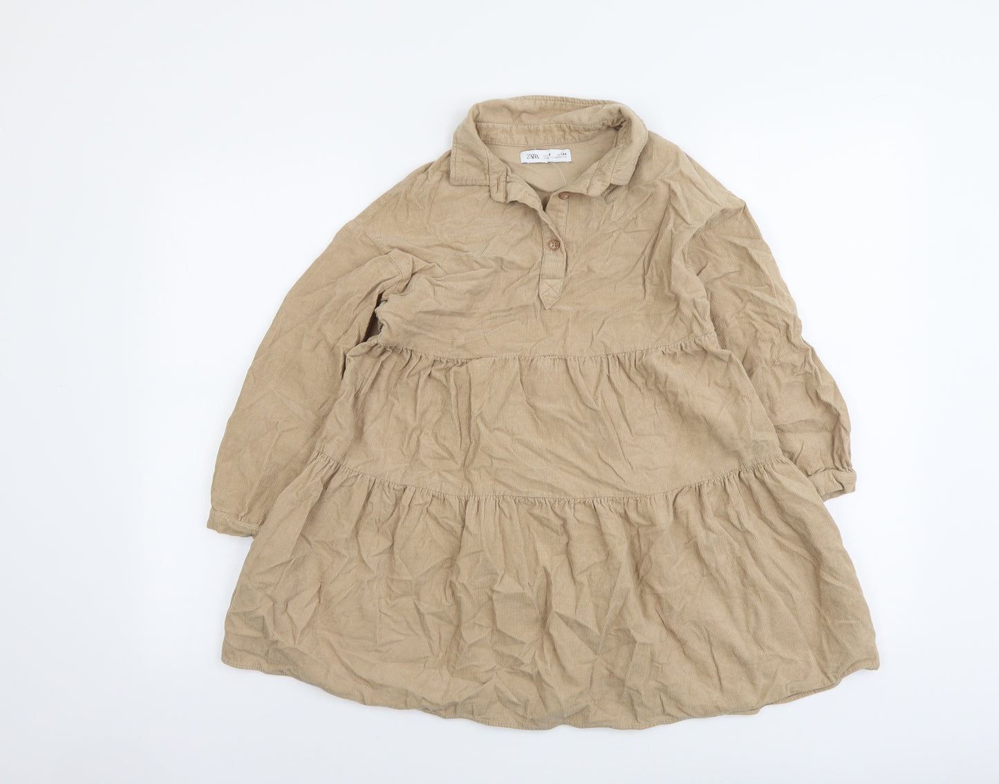 Zara Girls Beige Cotton A-Line Size 9 Years Collared Button