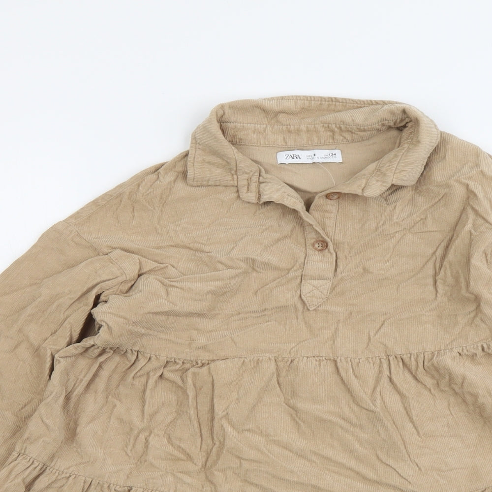 Zara Girls Beige Cotton A-Line Size 9 Years Collared Button