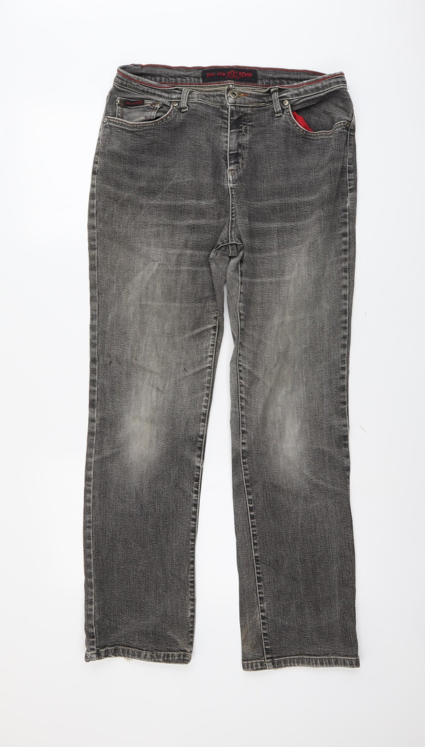 Per Una Womens Grey Cotton Straight Jeans Size 14 L29 in Regular Button