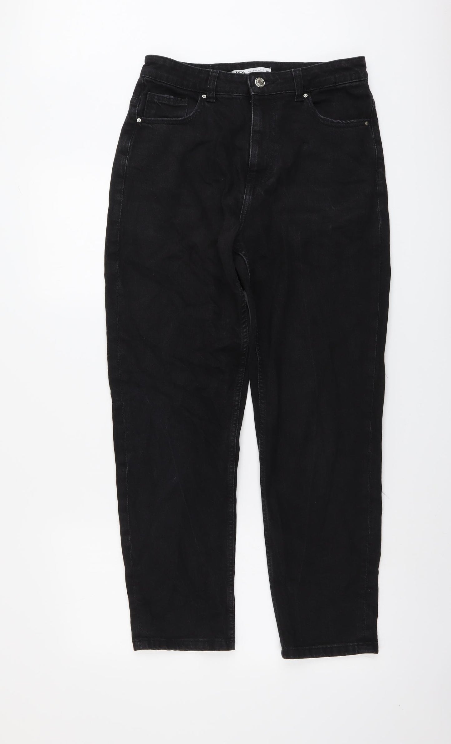 Zara Womens Black Cotton Mom Jeans Size 12 L28 in Regular Button