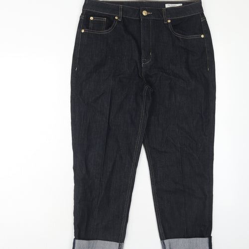 Marks and Spencer Womens Blue Cotton Straight Jeans Size 14 Regular Zip - Turn Up