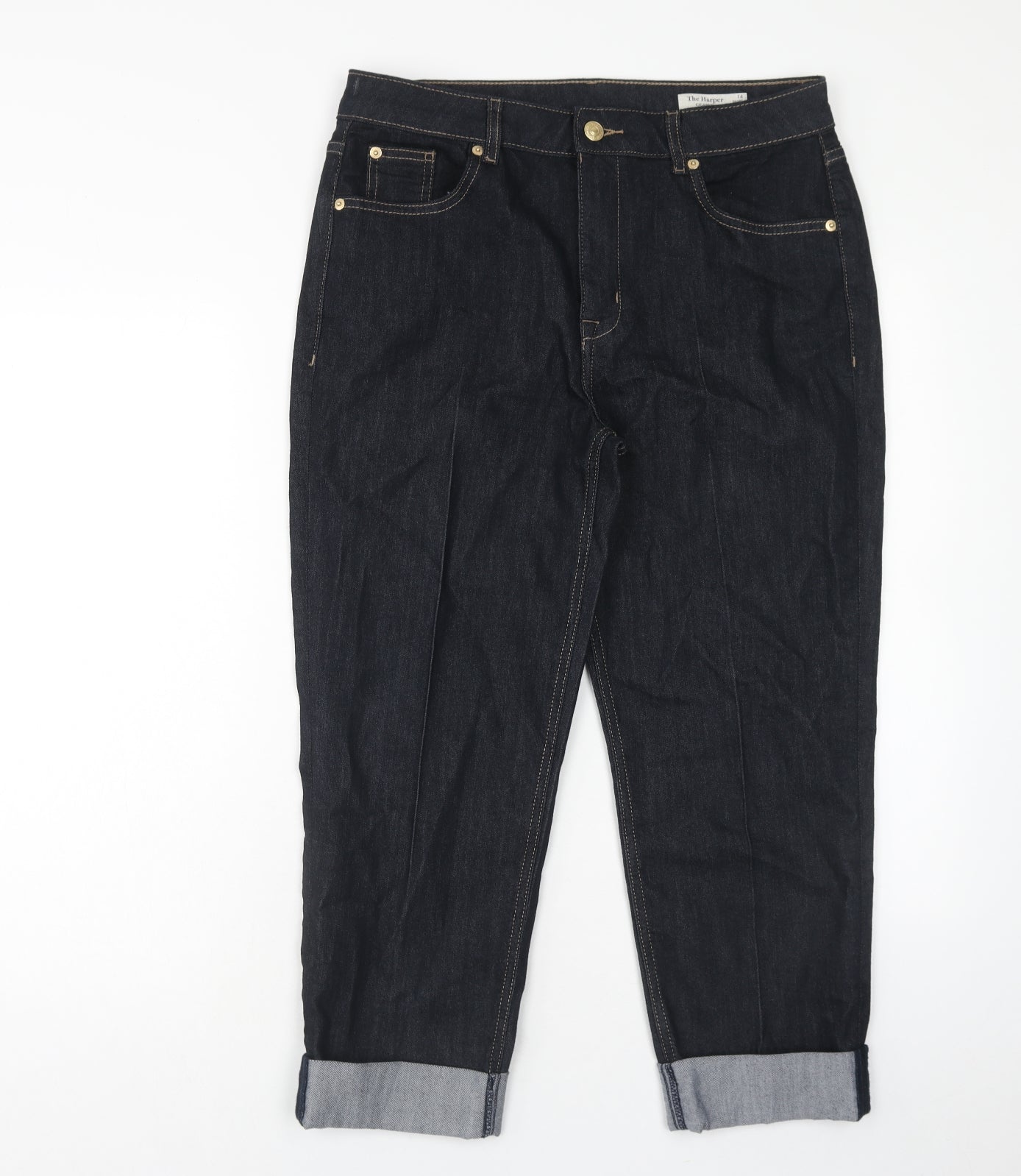 Marks and Spencer Womens Blue Cotton Straight Jeans Size 14 Regular Zip - Turn Up