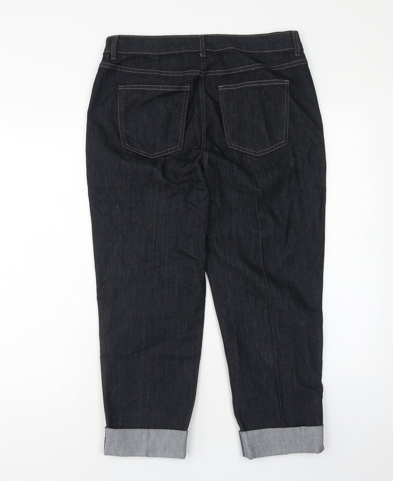 Marks and Spencer Womens Blue Cotton Straight Jeans Size 14 Regular Zip - Turn Up