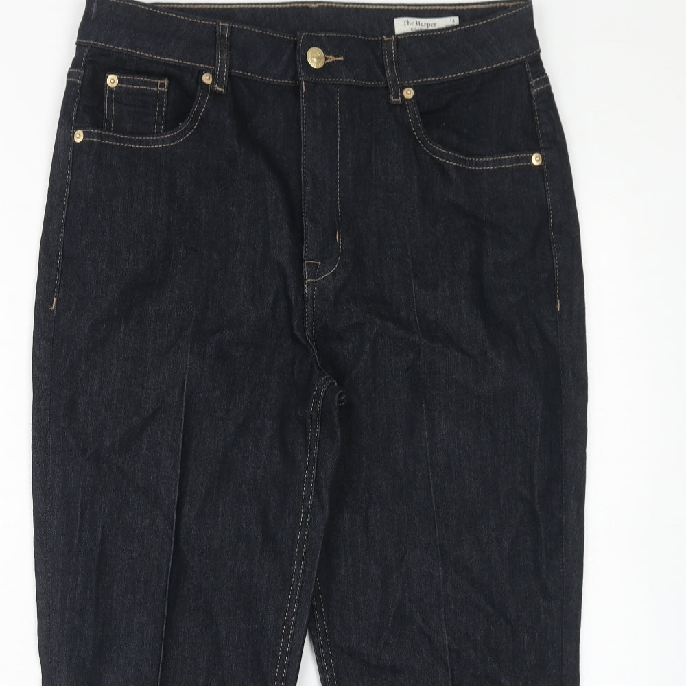 Marks and Spencer Womens Blue Cotton Straight Jeans Size 14 Regular Zip - Turn Up