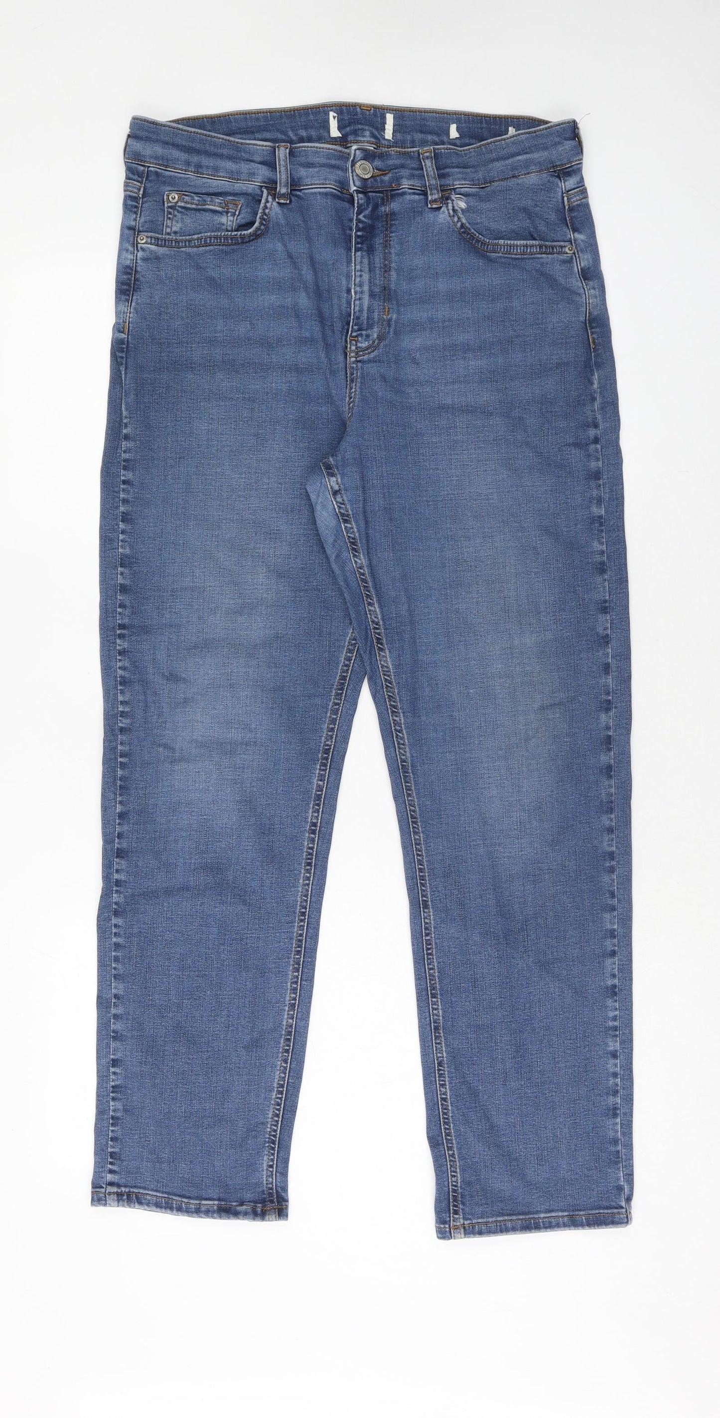 Marks and Spencer Womens Blue Cotton Straight Jeans Size 14 Regular Zip