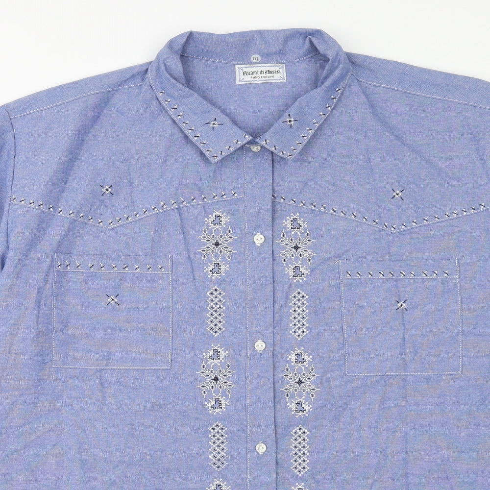 Ricami di Assin Womens Blue Geometric Cotton Basic Button-Up Size 2XL Collared