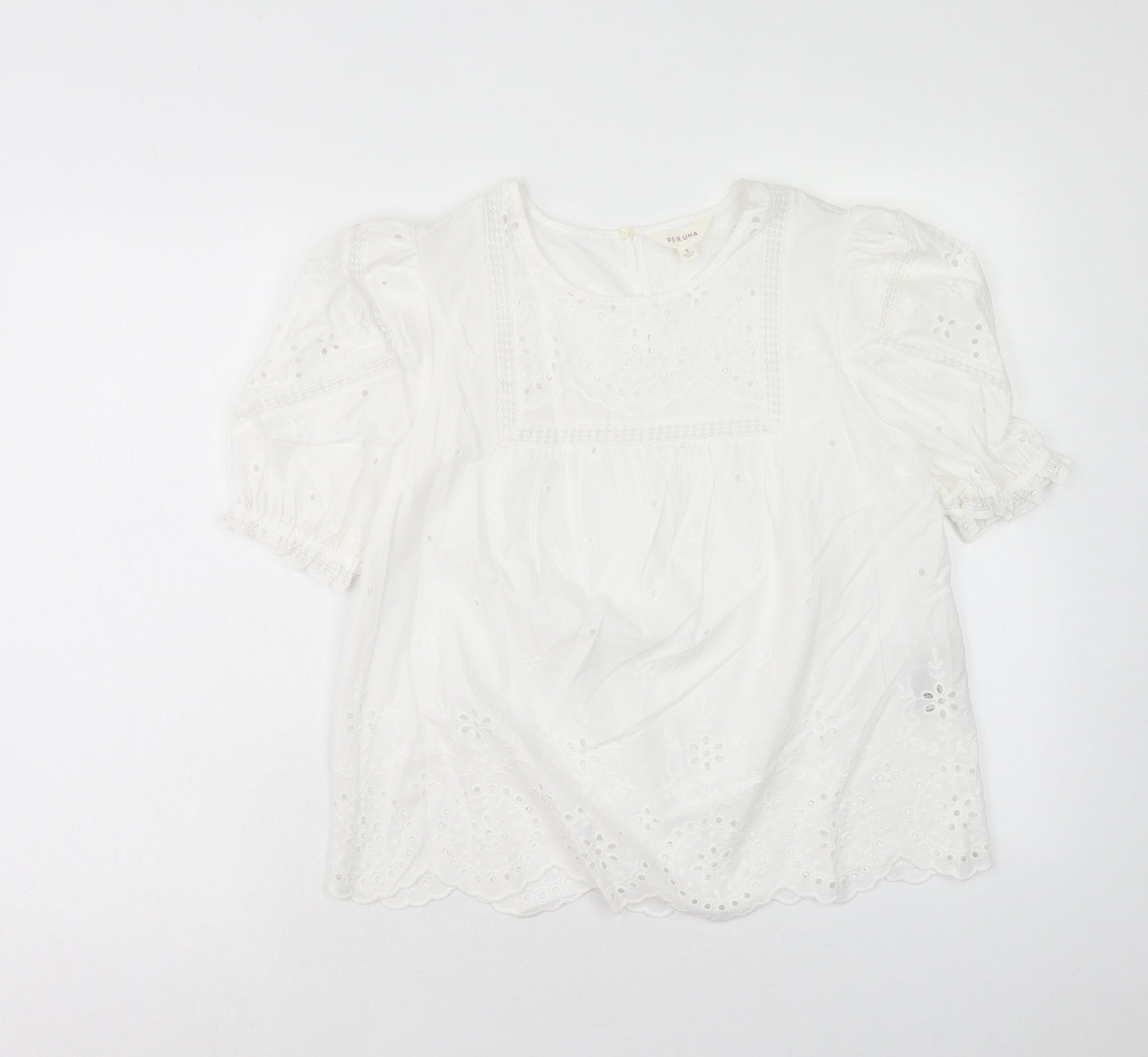 Per Una Womens White Geometric Cotton Basic Blouse Size 8 Scoop Neck - Broderie Anglaise