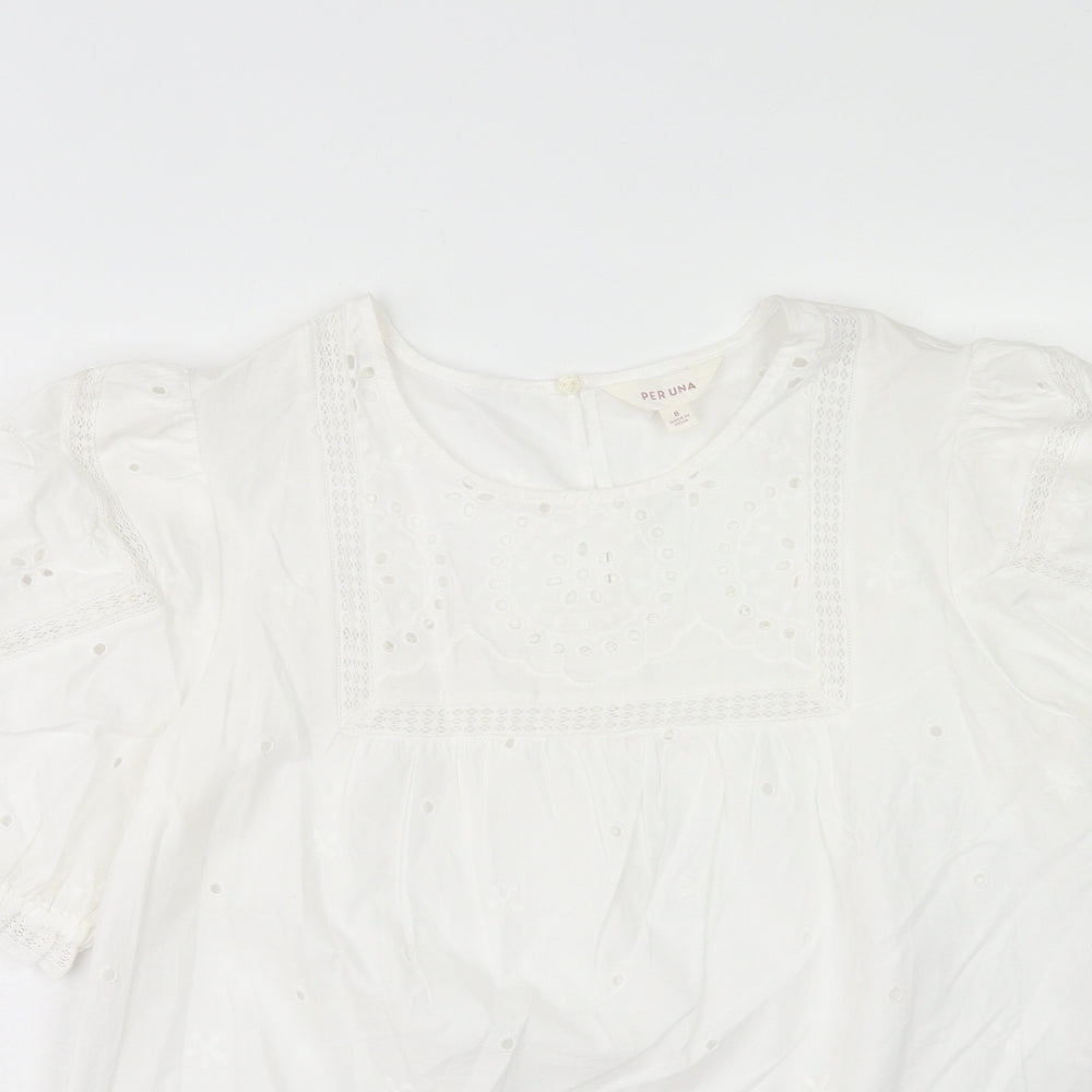Per Una Womens White Geometric Cotton Basic Blouse Size 8 Scoop Neck - Broderie Anglaise