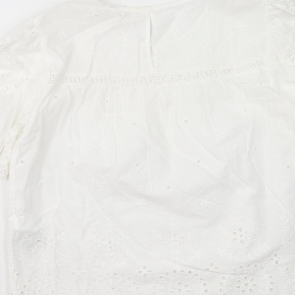 Per Una Womens White Geometric Cotton Basic Blouse Size 8 Scoop Neck - Broderie Anglaise