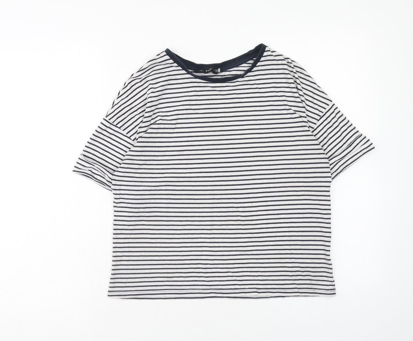 F&F Womens White Striped Cotton Basic T-Shirt Size 10 Boat Neck