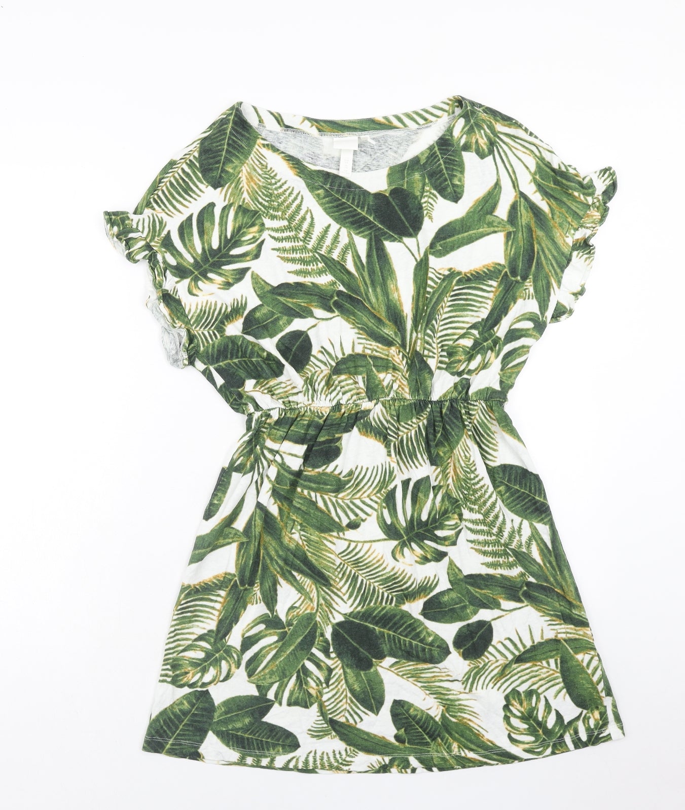 H&M Womens Green Geometric Linen Mini Size S Boat Neck Pullover - Leaf Pattern