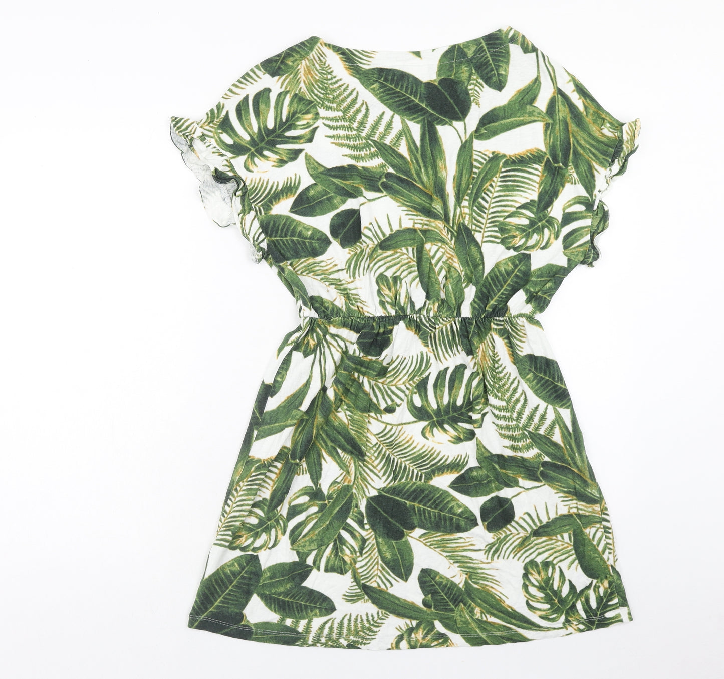 H&M Womens Green Geometric Linen Mini Size S Boat Neck Pullover - Leaf Pattern