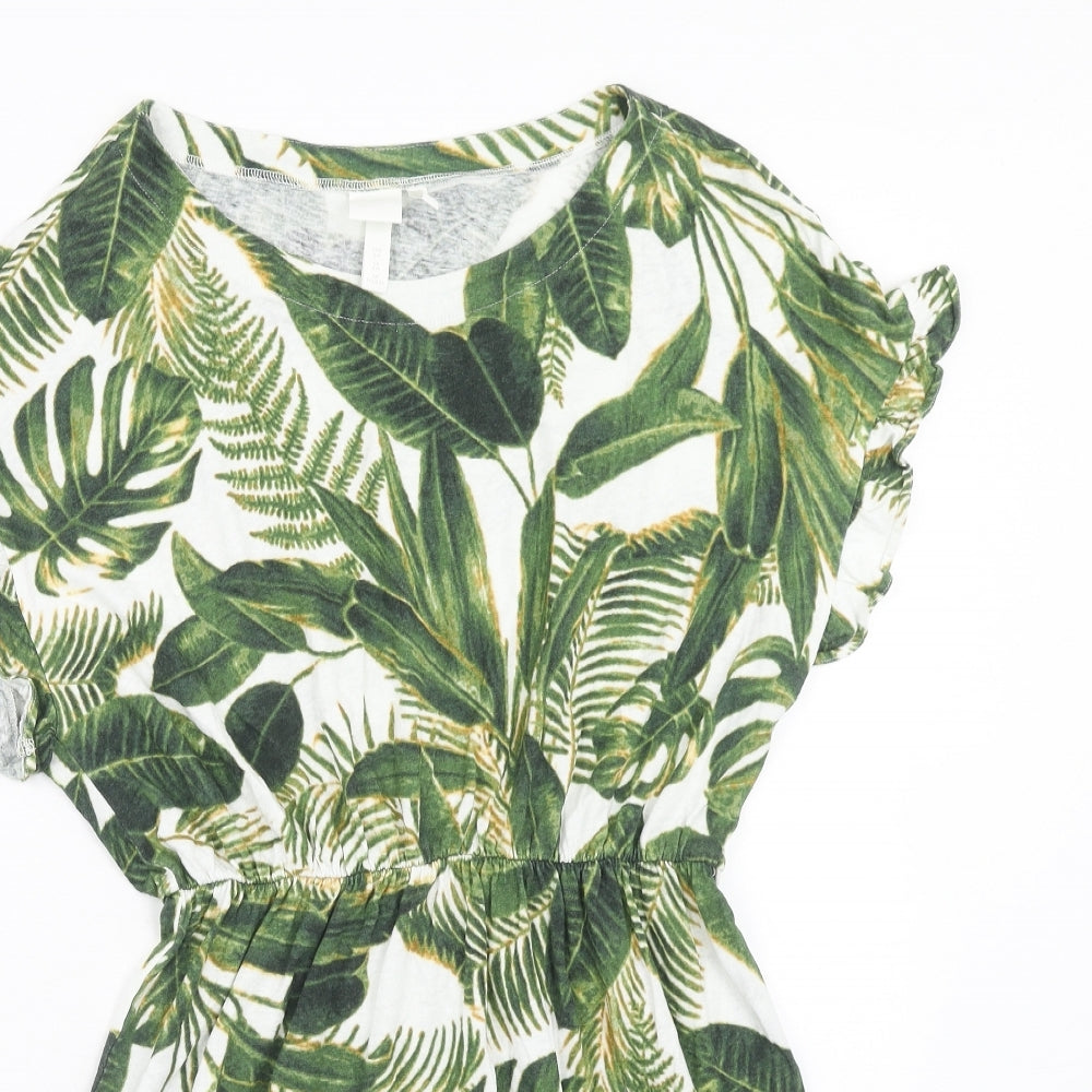 H&M Womens Green Geometric Linen Mini Size S Boat Neck Pullover - Leaf Pattern
