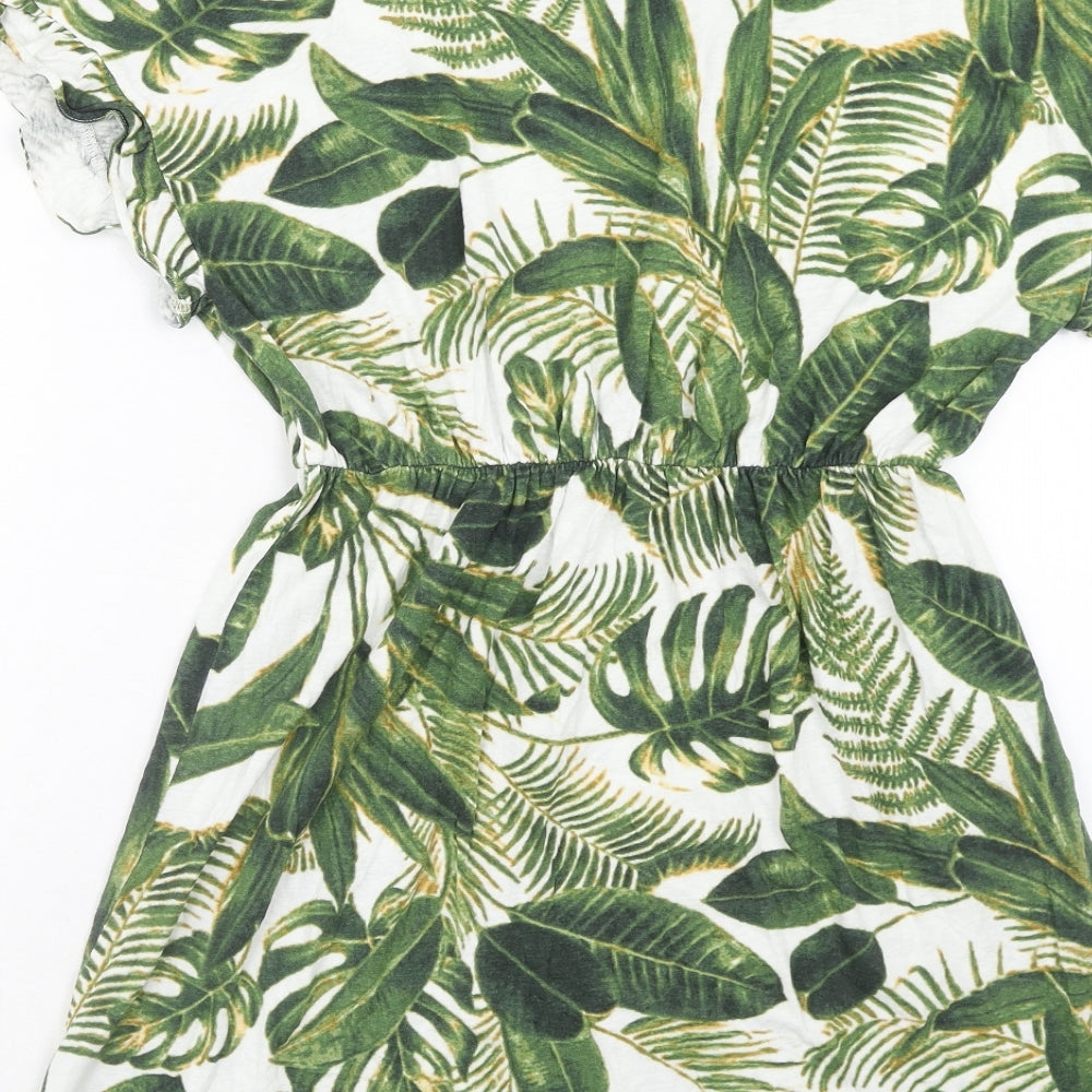 H&M Womens Green Geometric Linen Mini Size S Boat Neck Pullover - Leaf Pattern