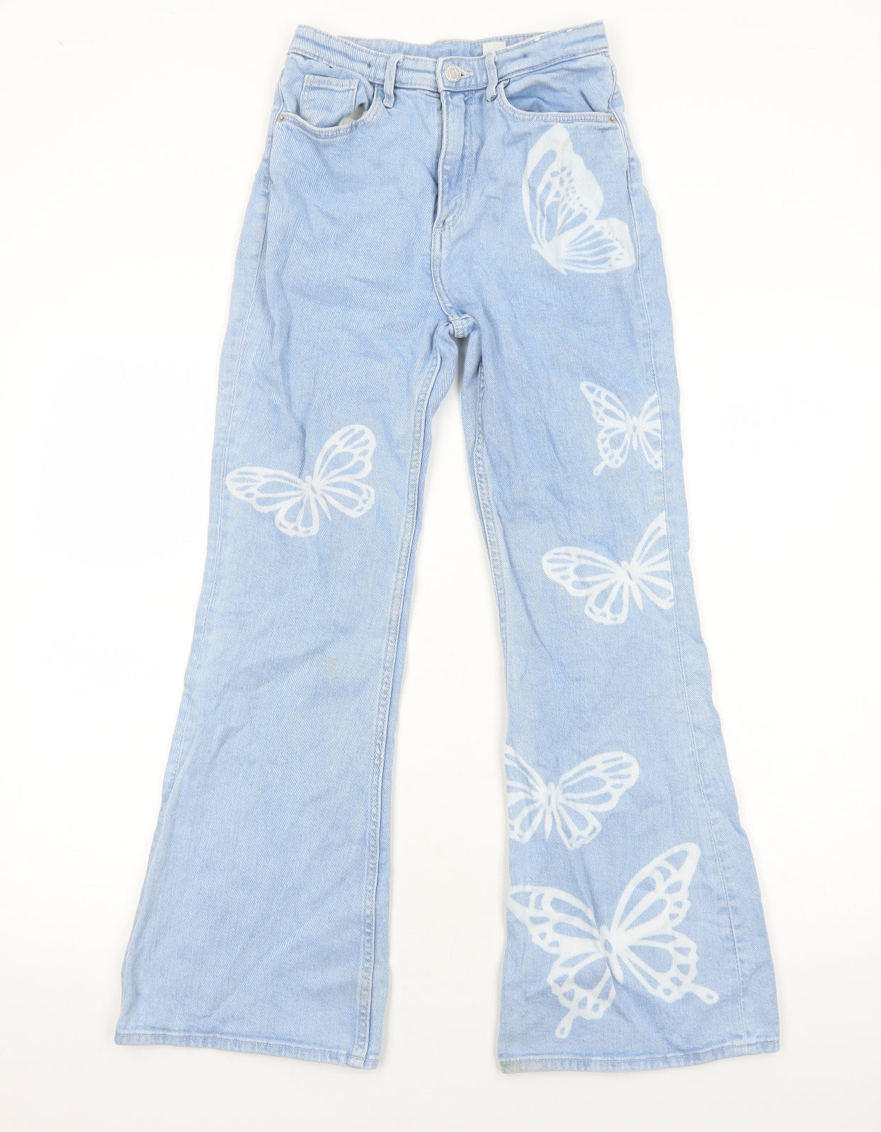 H&M Girls Blue Cotton Flared Jeans Size 11-12 Years Regular Zip - Butterfly Pattern