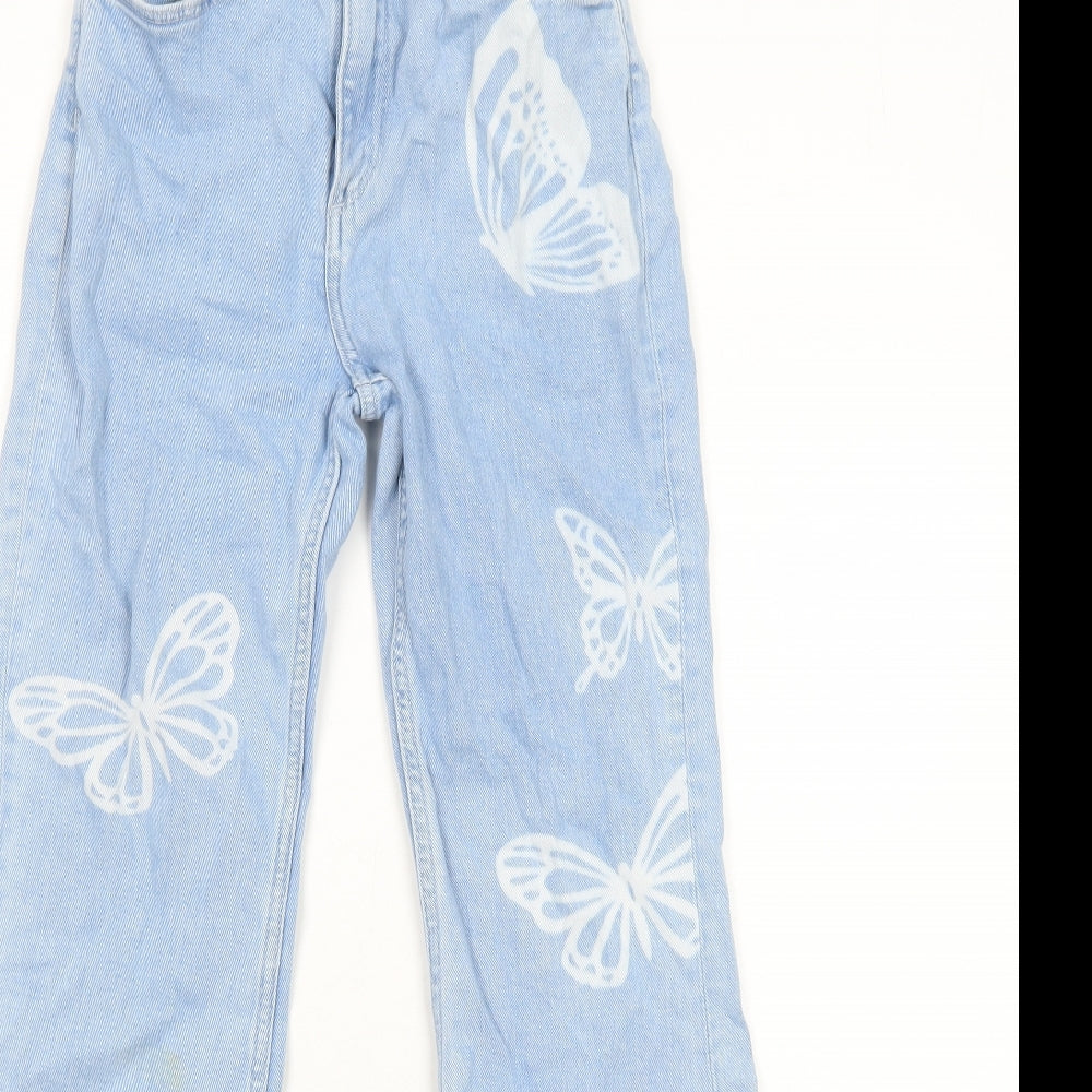 H&M Girls Blue Cotton Flared Jeans Size 11-12 Years Regular Zip - Butterfly Pattern