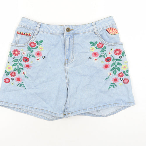 TU Womens Blue Floral Cotton Mom Shorts Size 8 Regular Zip