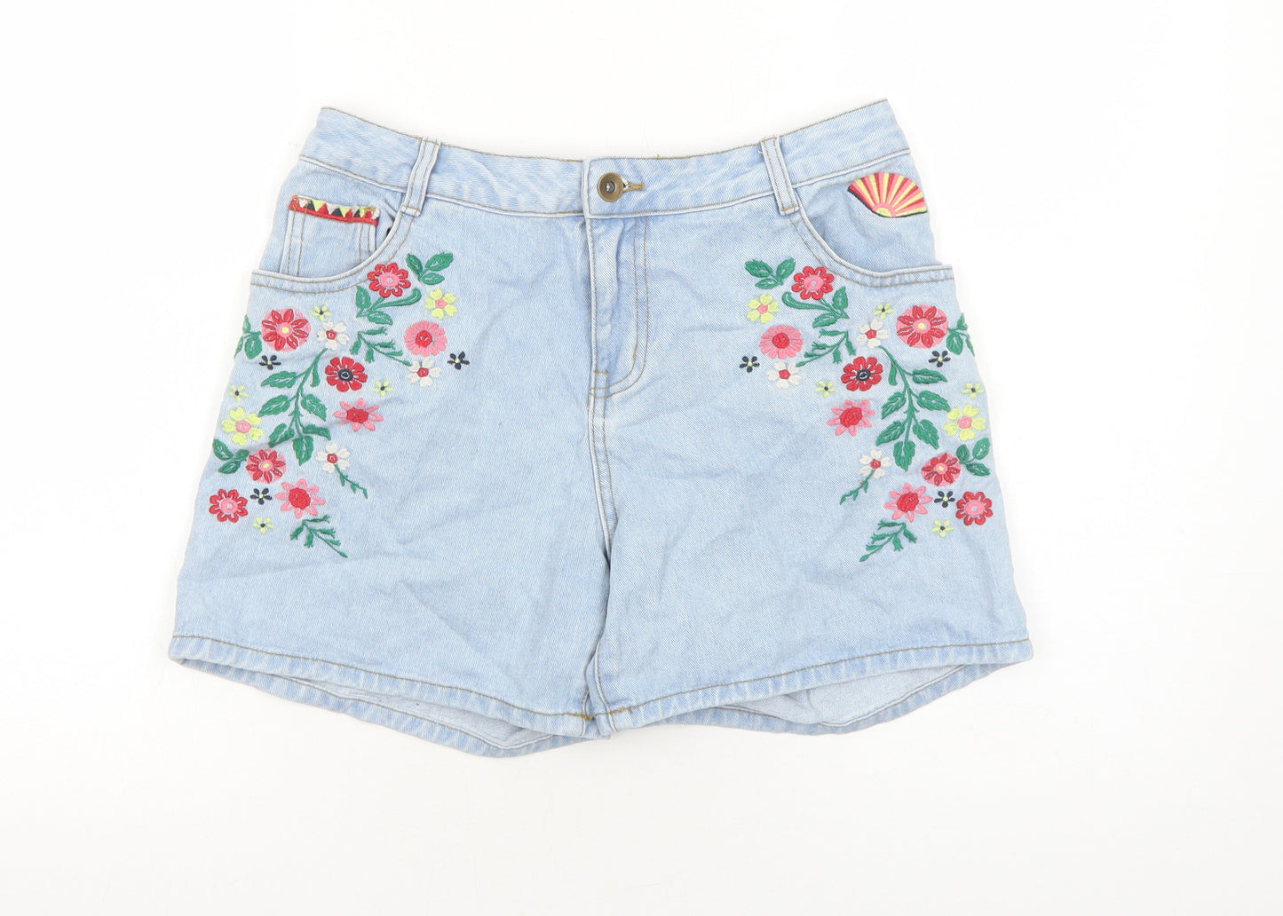 TU Womens Blue Floral Cotton Mom Shorts Size 8 Regular Zip