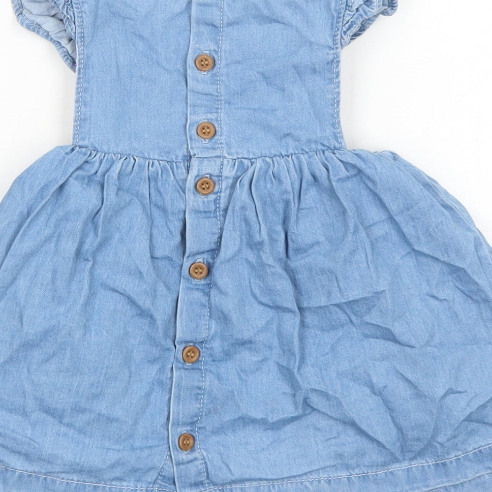 Mothercare Girls Blue Cotton Skater Dress Size 3-6 Months Round Neck Button