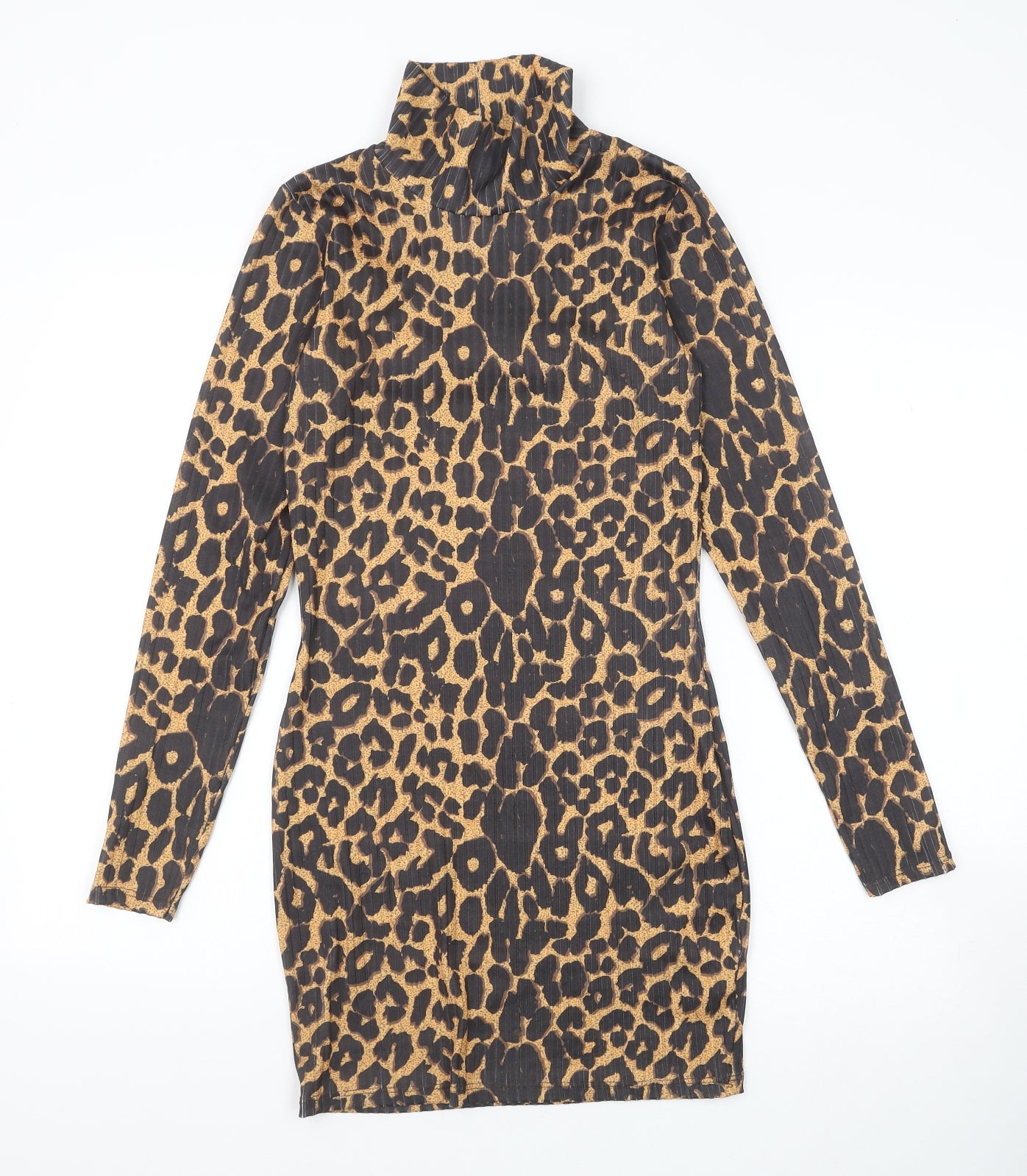 PRETTYLITTLETHING Womens Black Animal Print Polyester Bodycon Size 8 High Neck Pullover - Leopard Print