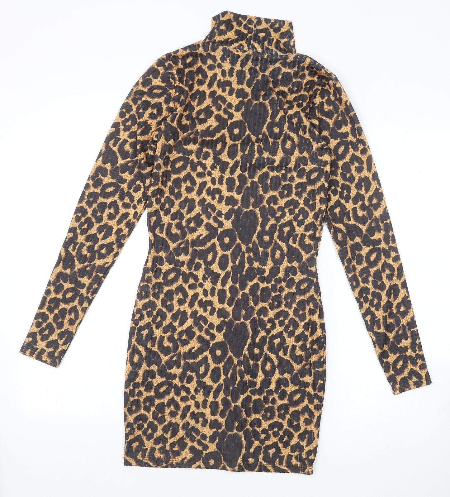 PRETTYLITTLETHING Womens Black Animal Print Polyester Bodycon Size 8 High Neck Pullover - Leopard Print
