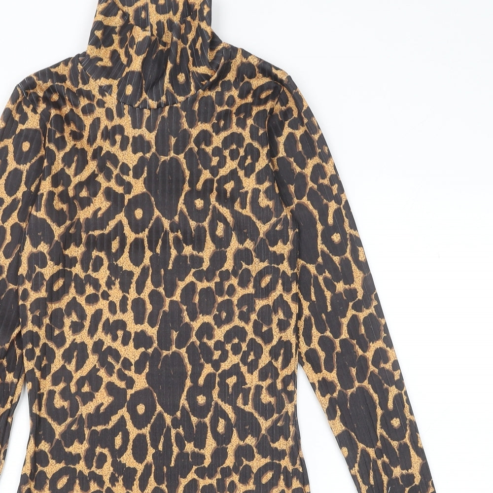 PRETTYLITTLETHING Womens Black Animal Print Polyester Bodycon Size 8 High Neck Pullover - Leopard Print