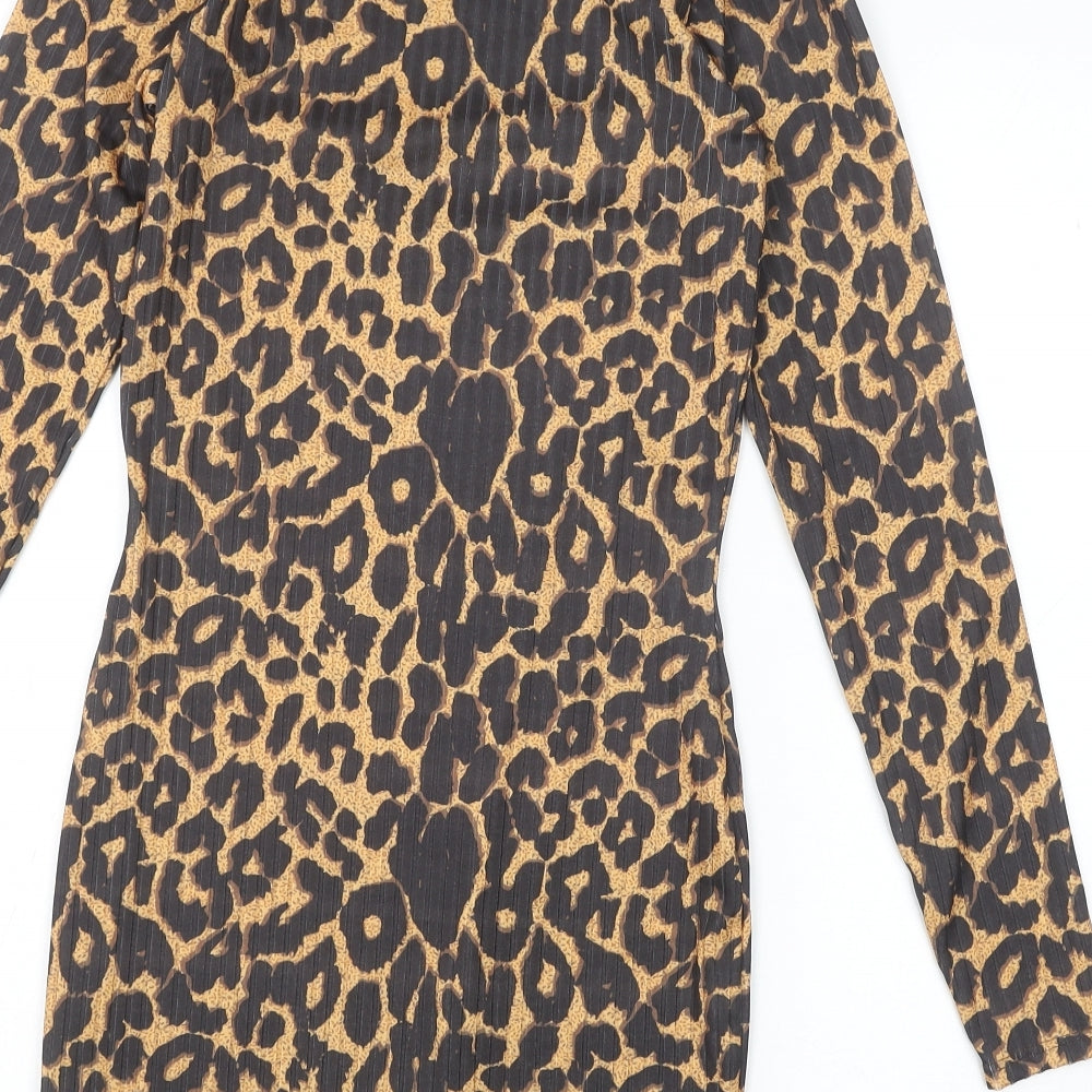 PRETTYLITTLETHING Womens Black Animal Print Polyester Bodycon Size 8 High Neck Pullover - Leopard Print