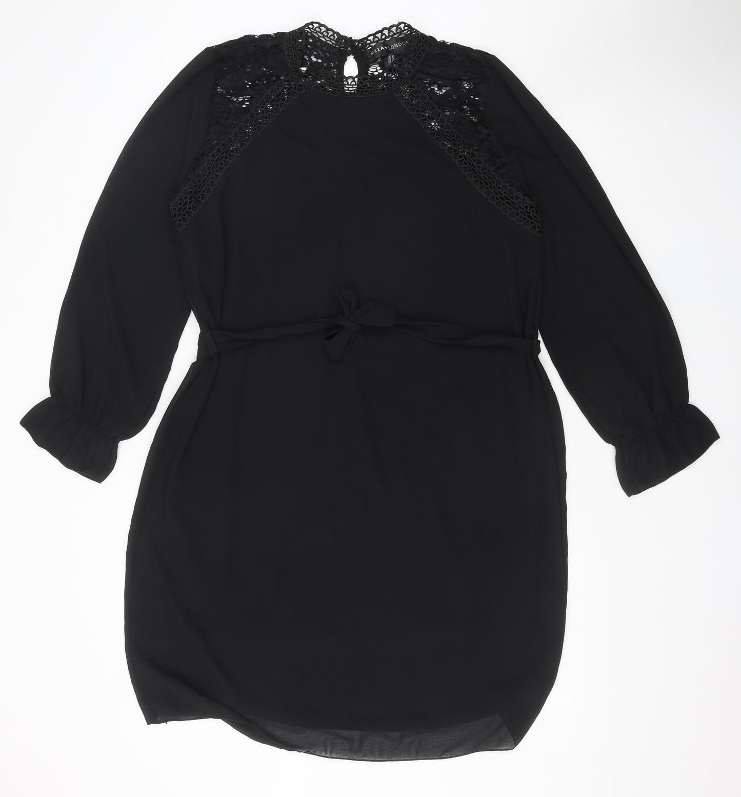 Mela London Womens Black Polyester A-Line Size 16 Mock Neck Button - Lace Detail