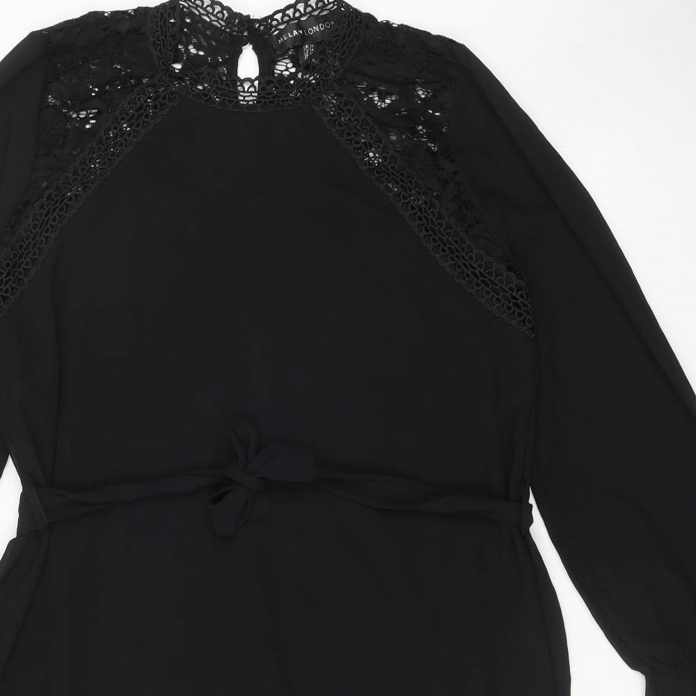 Mela London Womens Black Polyester A-Line Size 16 Mock Neck Button - Lace Detail