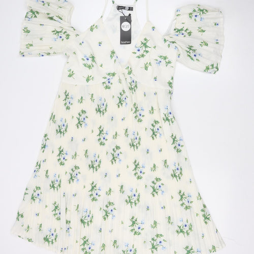 Boohoo Womens Ivory Floral Polyester Fit & Flare Size 8 V-Neck Zip