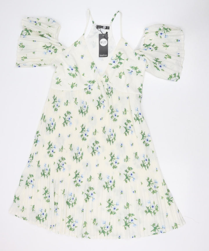 Boohoo Womens Ivory Floral Polyester Fit & Flare Size 8 V-Neck Zip