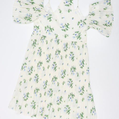 Boohoo Womens Ivory Floral Polyester Fit & Flare Size 8 V-Neck Zip