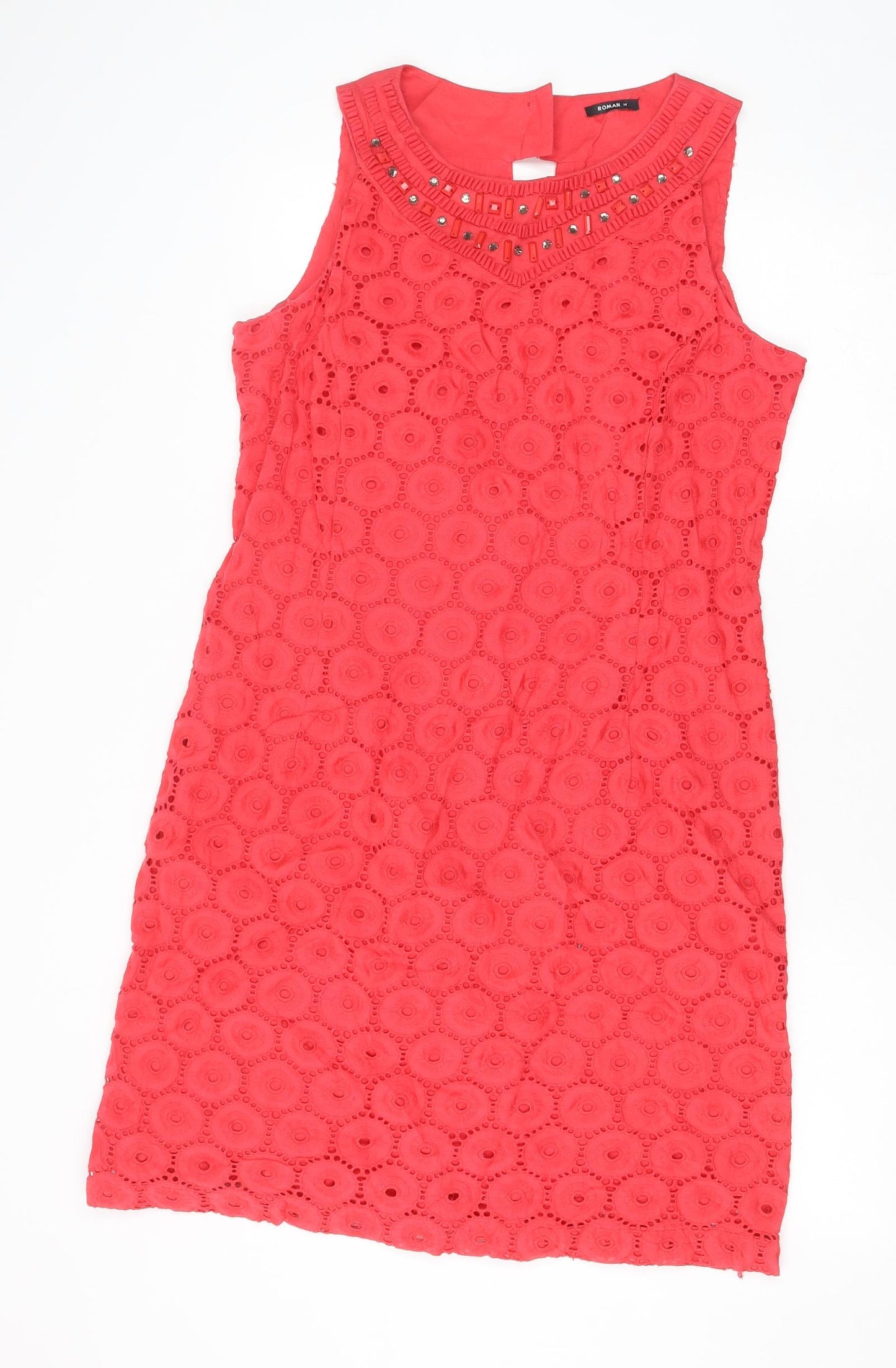 Roman Womens Red 100% Cotton Shift Size 14 Boat Neck Zip - Embellished Neckline