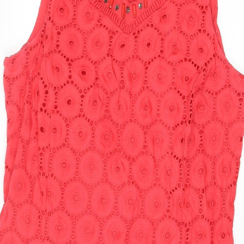 Roman Womens Red 100% Cotton Shift Size 14 Boat Neck Zip - Embellished Neckline