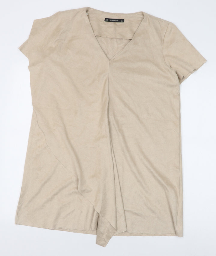 Zara Womens Beige Polyester Shift Size M V-Neck Zip