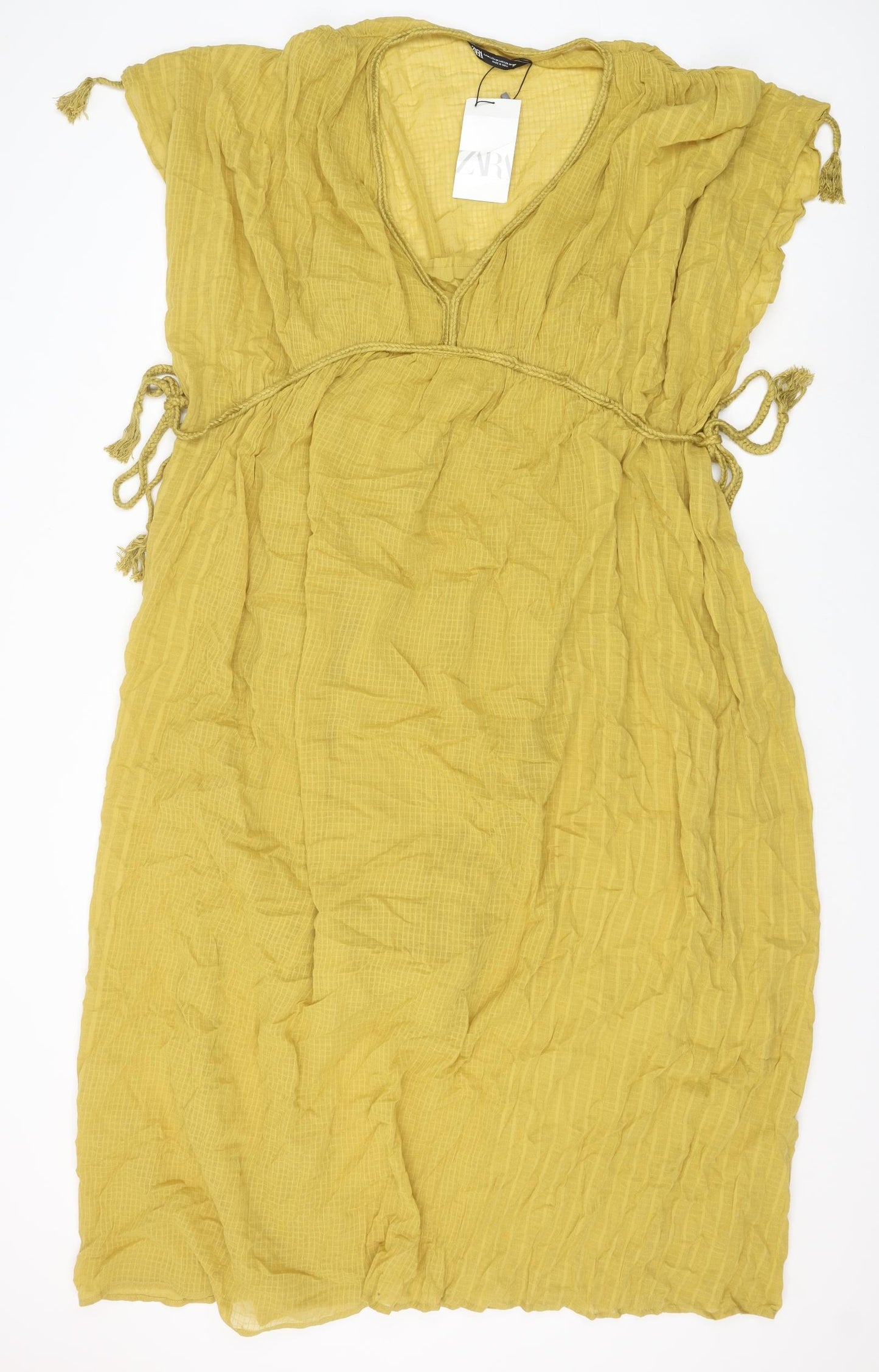 Zara Womens Yellow 100% Cotton A-Line Size L V-Neck Tie