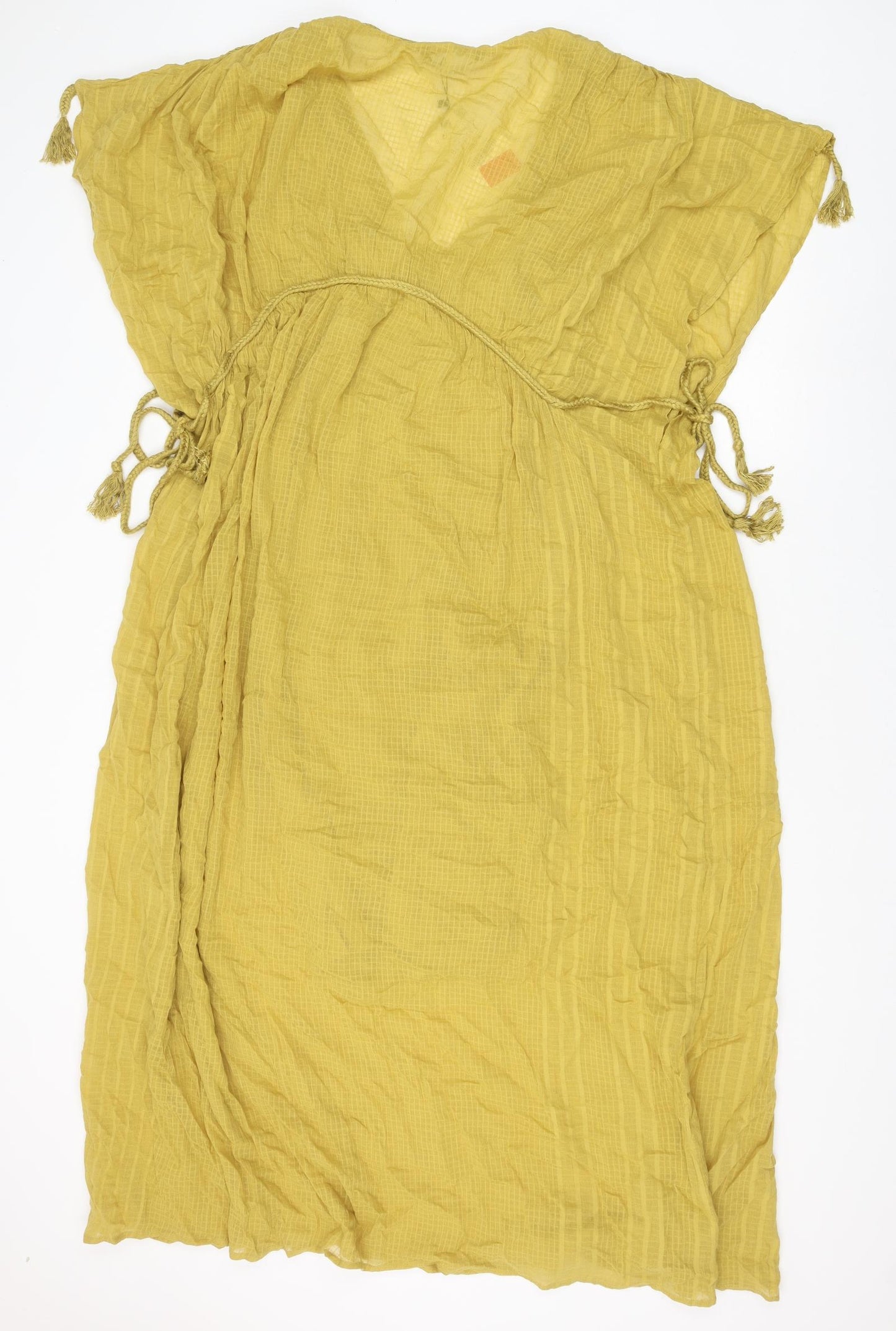 Zara Womens Yellow 100% Cotton A-Line Size L V-Neck Tie