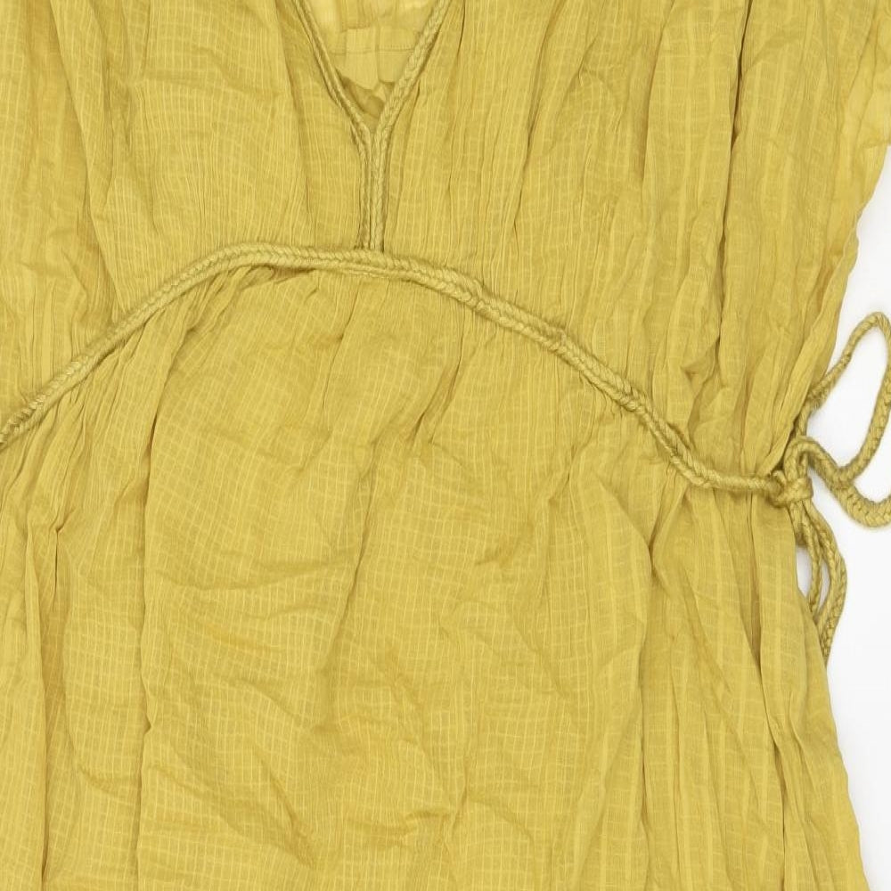 Zara Womens Yellow 100% Cotton A-Line Size L V-Neck Tie