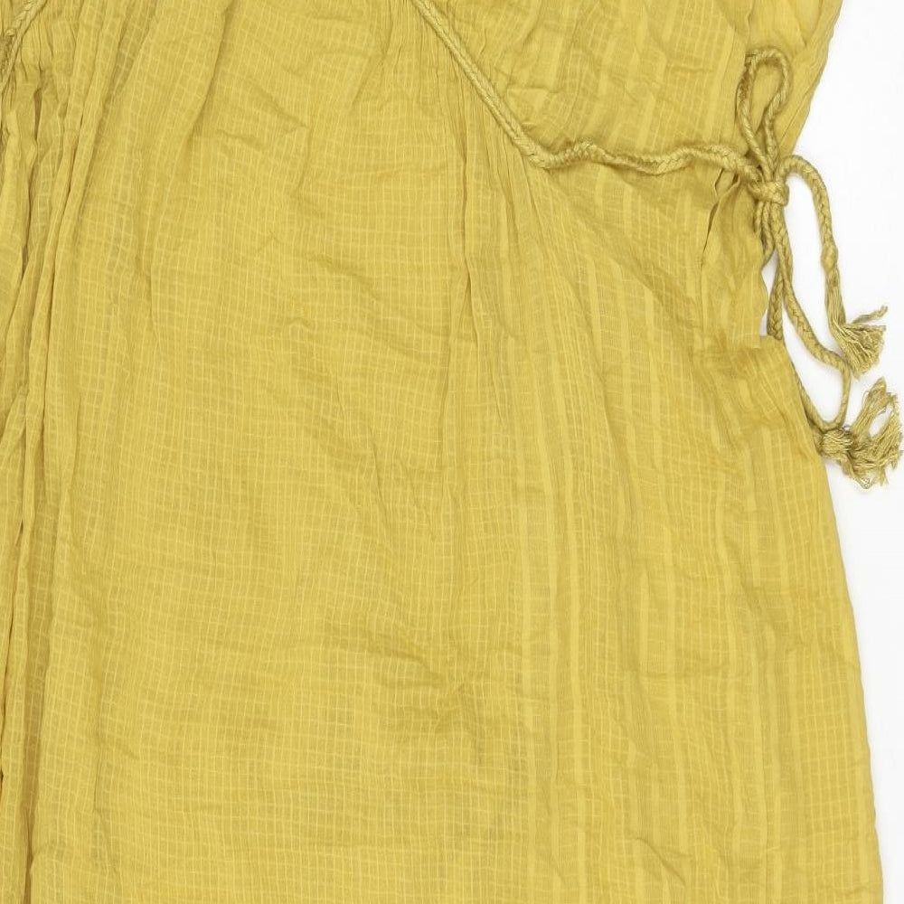 Zara Womens Yellow 100% Cotton A-Line Size L V-Neck Tie