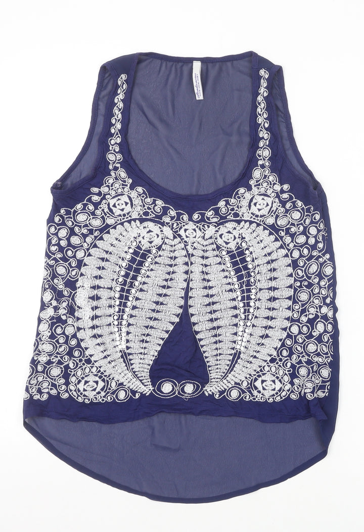 Stradivarius Womens Blue Geometric Polyester Basic Tank Size M Scoop Neck